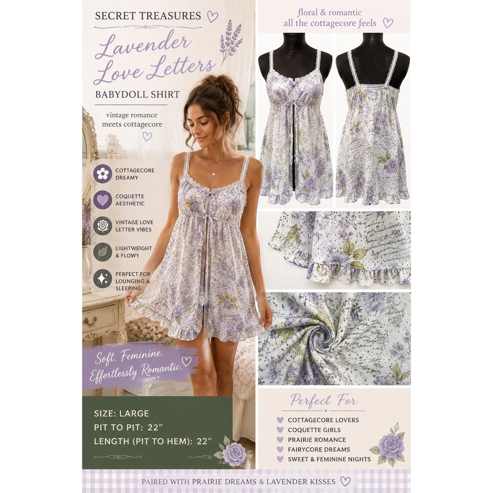 Lavender Love Letters Cottagecore Babydoll Chemise‎ Coquette Floral Sleepwear L